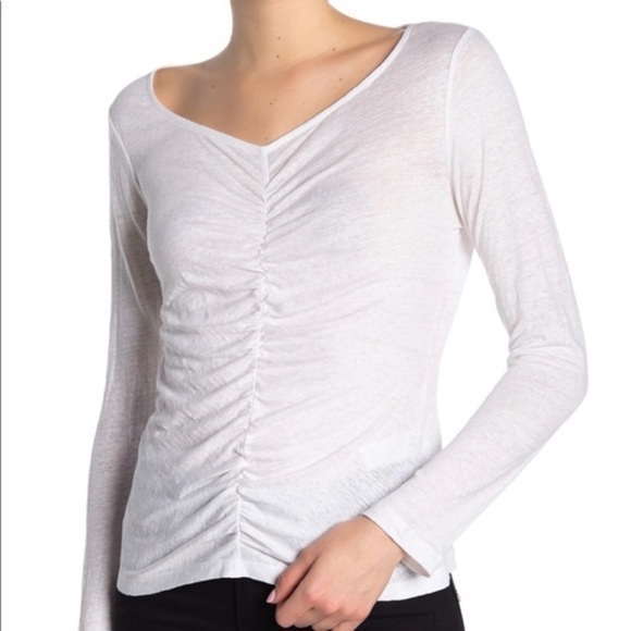 FRAME Ruched Linen V-neck Long Sleeve Shirt - Picture 3 of 9